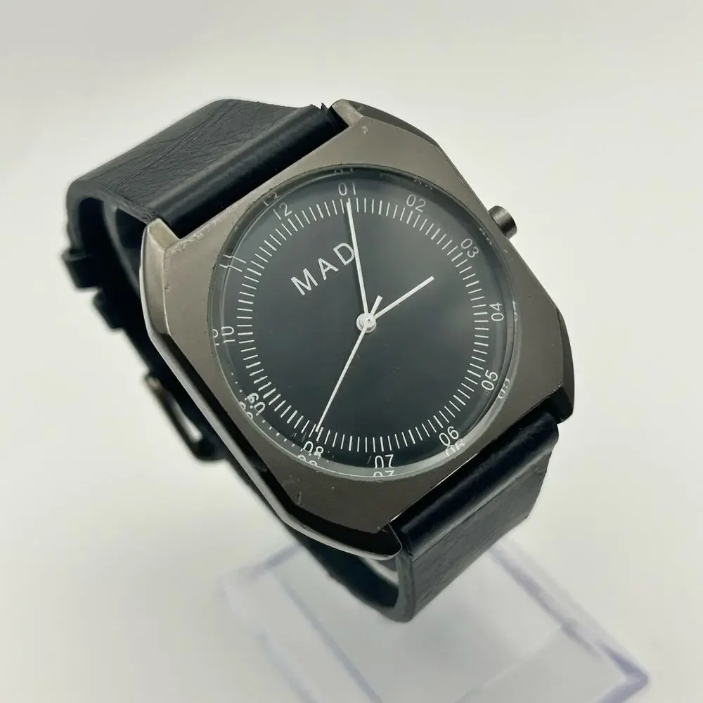 MAD Black Dial and Leather Metallic Gray Case Watch Working New Battery